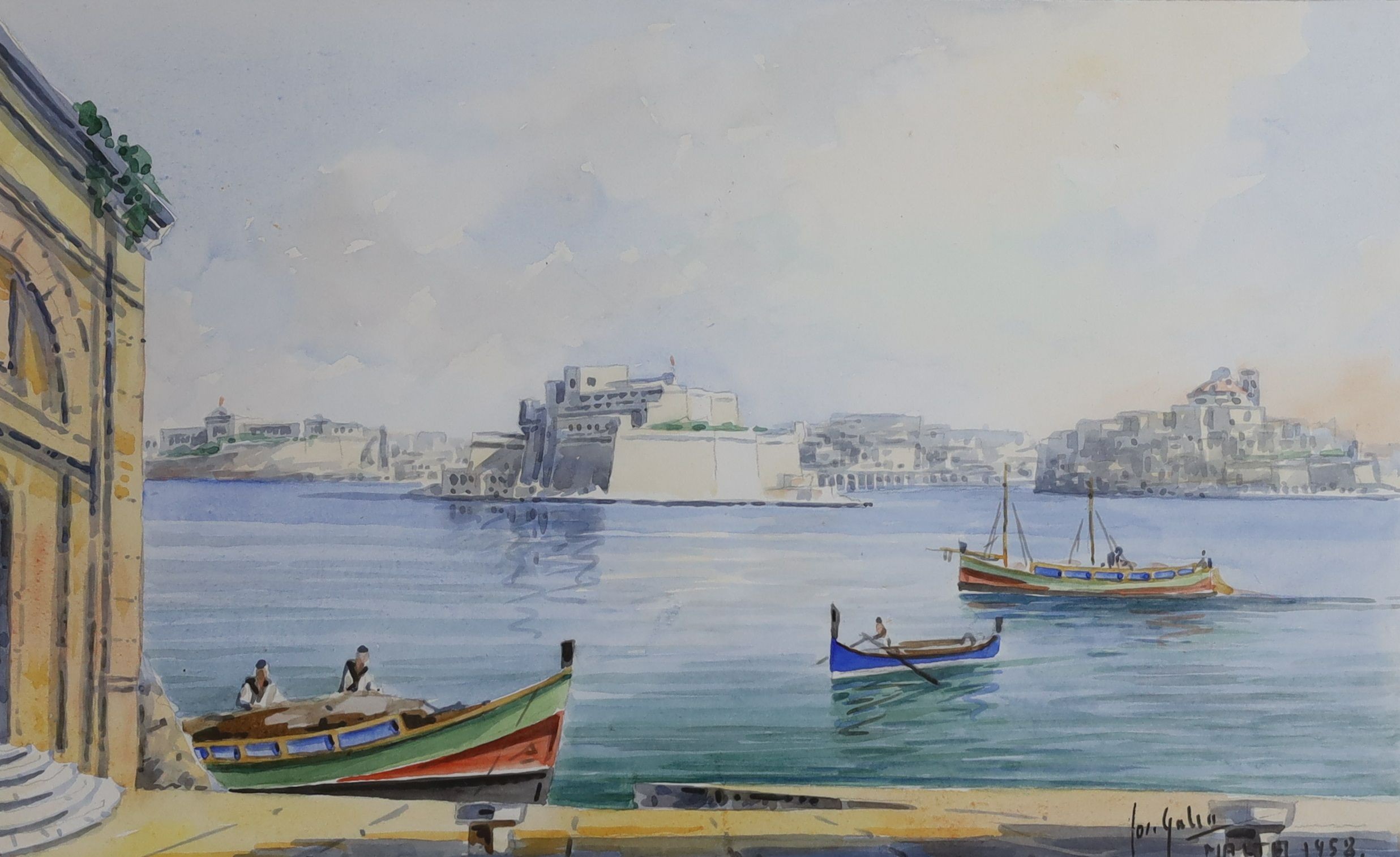 Joseph Galea (1904-1985), watercolour, 'Custom House, Valetta, Malta', signed and dated 1958, 24 x 40cm